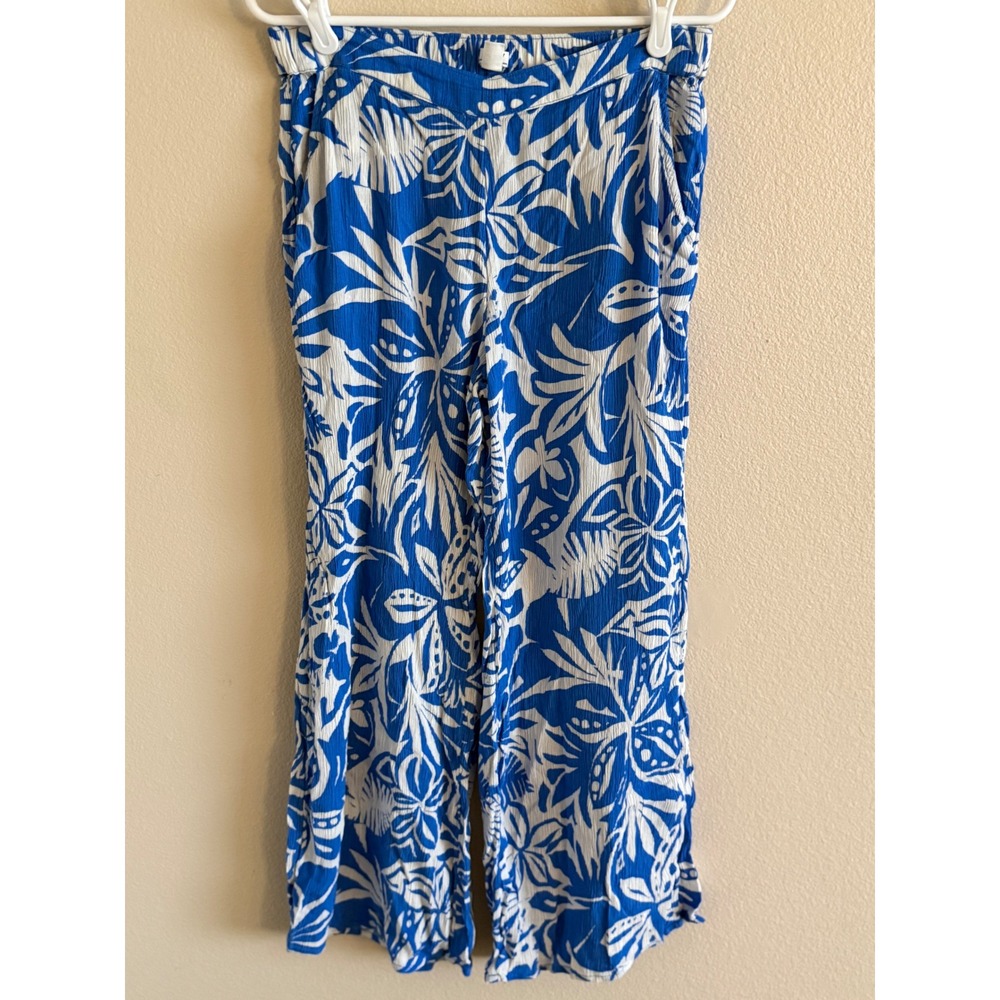 Roxy Womens Blue White Tropical Floral Wide Leg Crinkle Viscose Pants Large